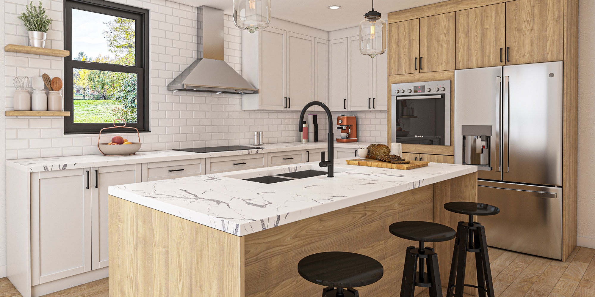 Neutral oak and white kitchen