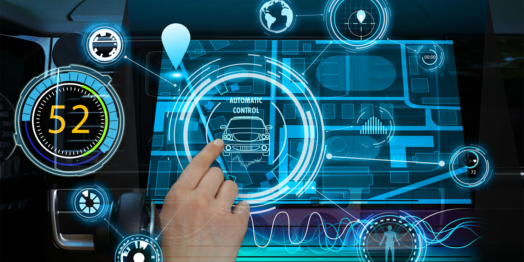 Touch screen graphic illustrating safety tech in modern cars