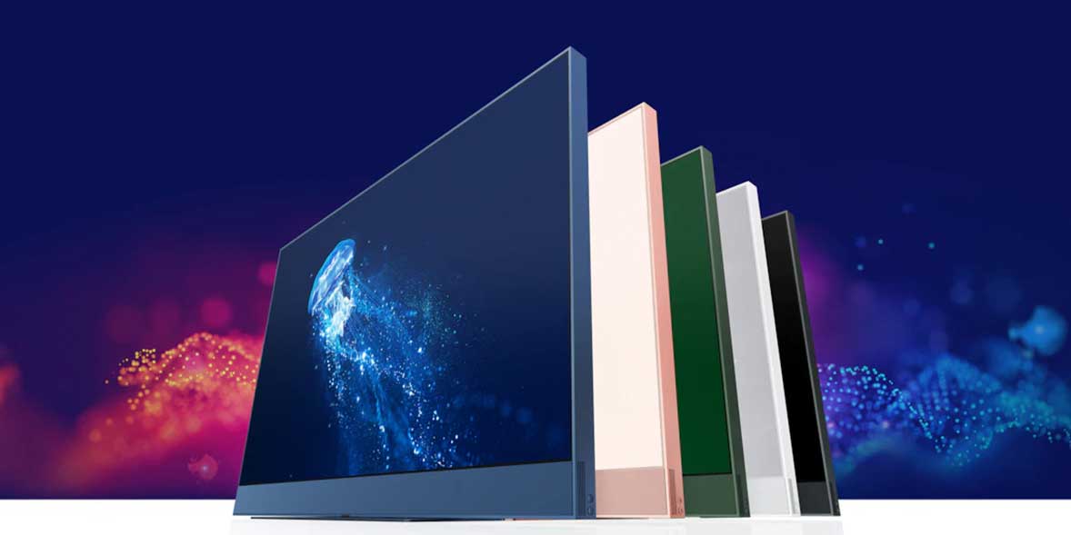 Five Sky Glass TVs in blue, pink, green, white and black displaying a jellyfish on the screen