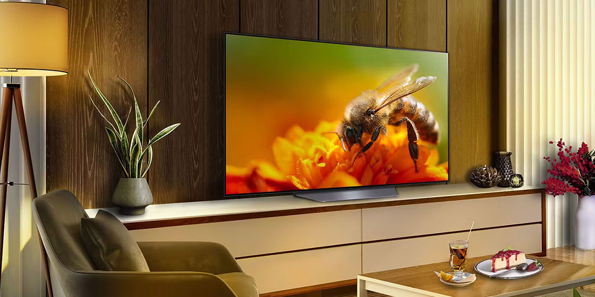 LG OLED55B36LA in black with silver wedge base, mounted on a wooden media unit.