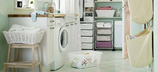 Utility room interior with laundry storage solutions