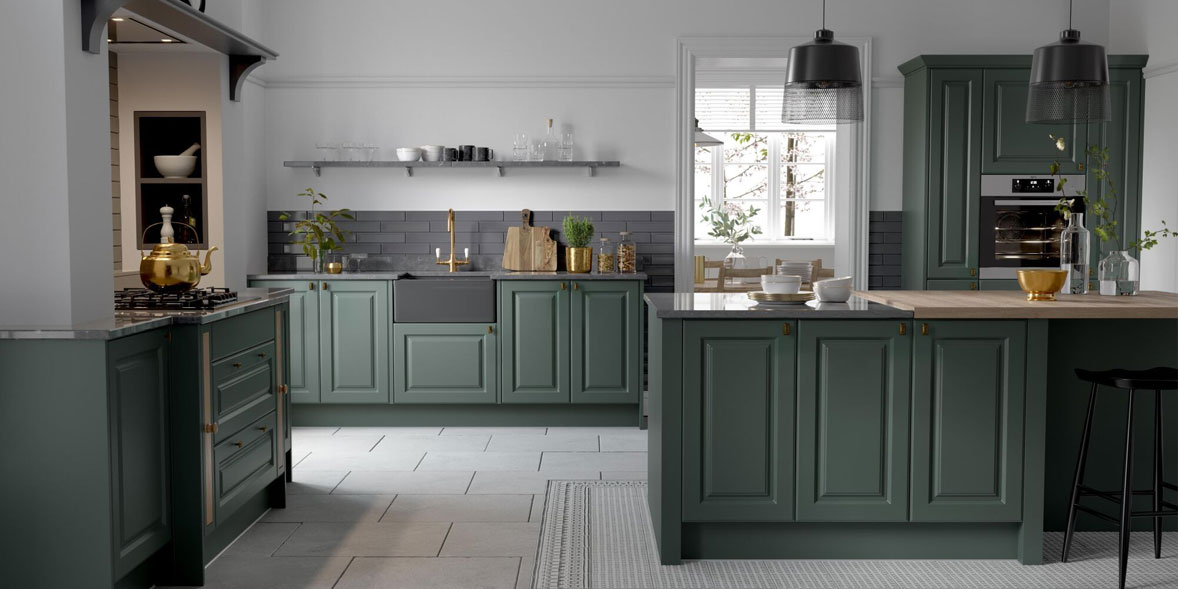 Wren Kitchens Georgian Ermine forest green